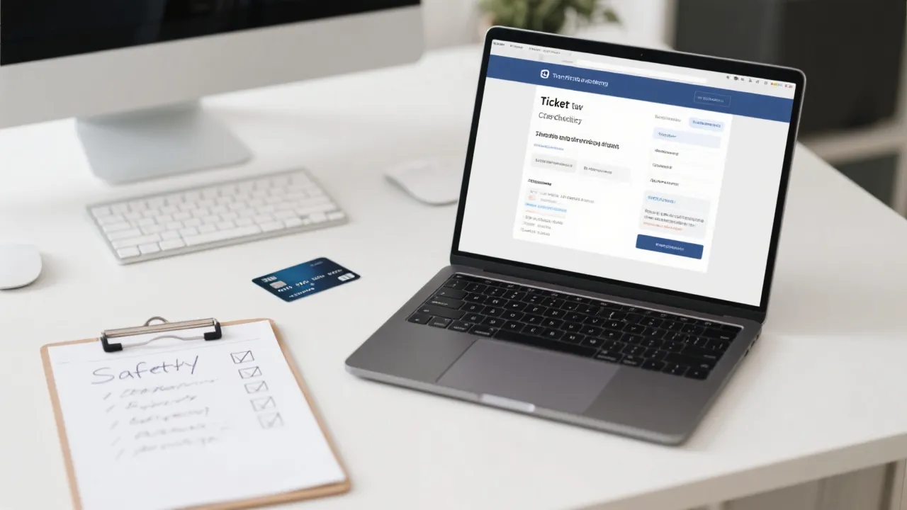 桌面上打开的笔记本电脑显示购票页面，旁边放着信用卡与便签清单